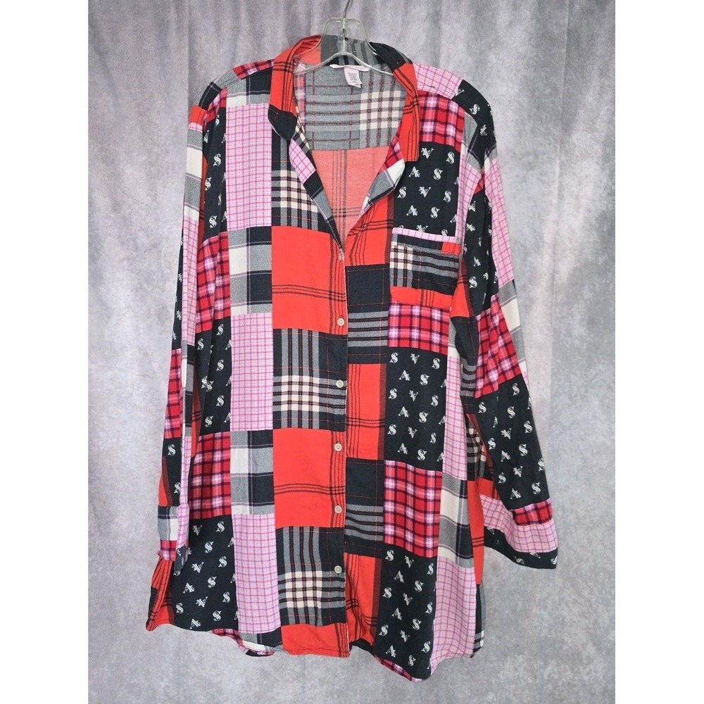 VICTORIAS SECRET DREAMER  PRETTY PATCHWORK NIGHTSHIRT NIGHTGOWN L FLANNEL